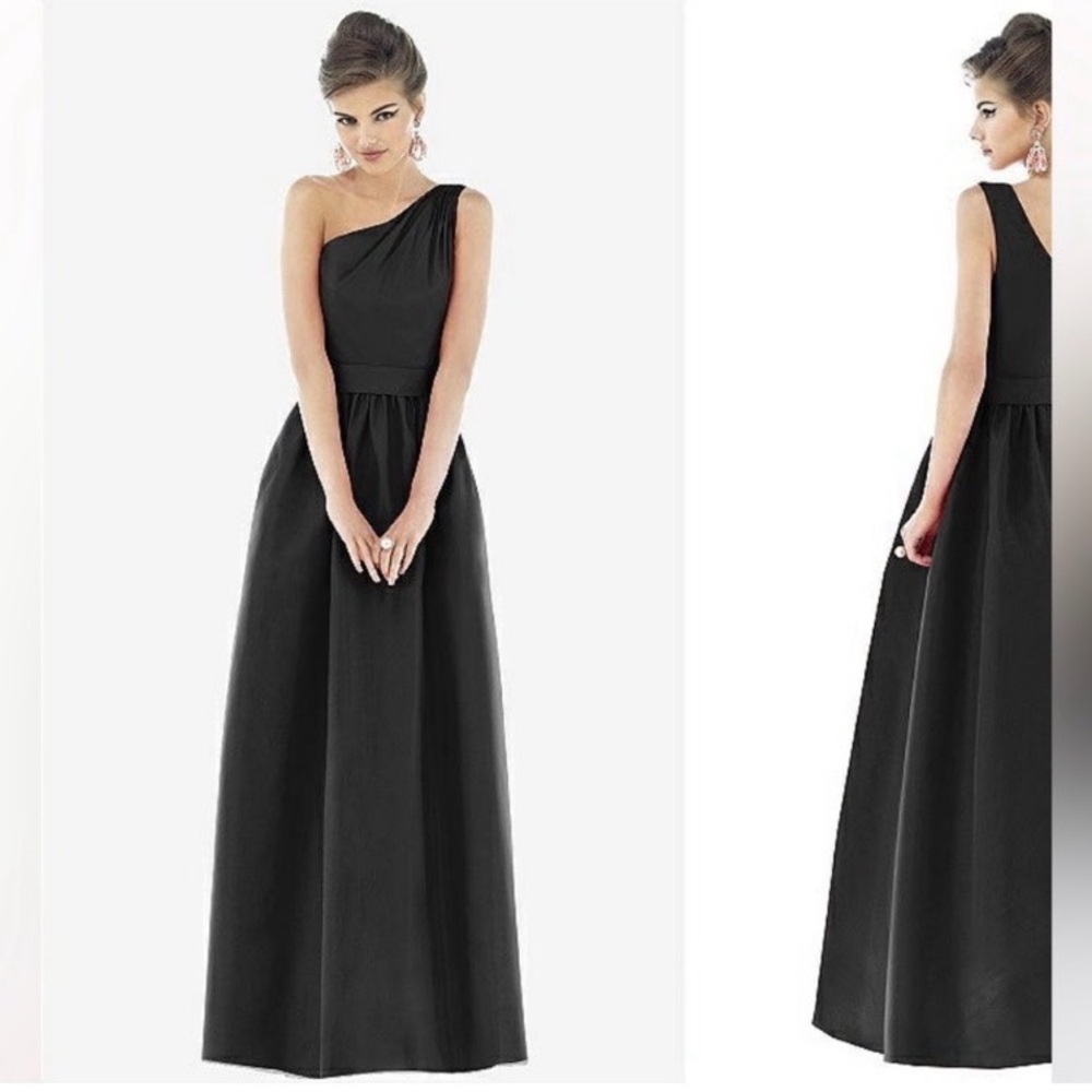 ALFRED SUNG One-Shoulder Black Evening Gown